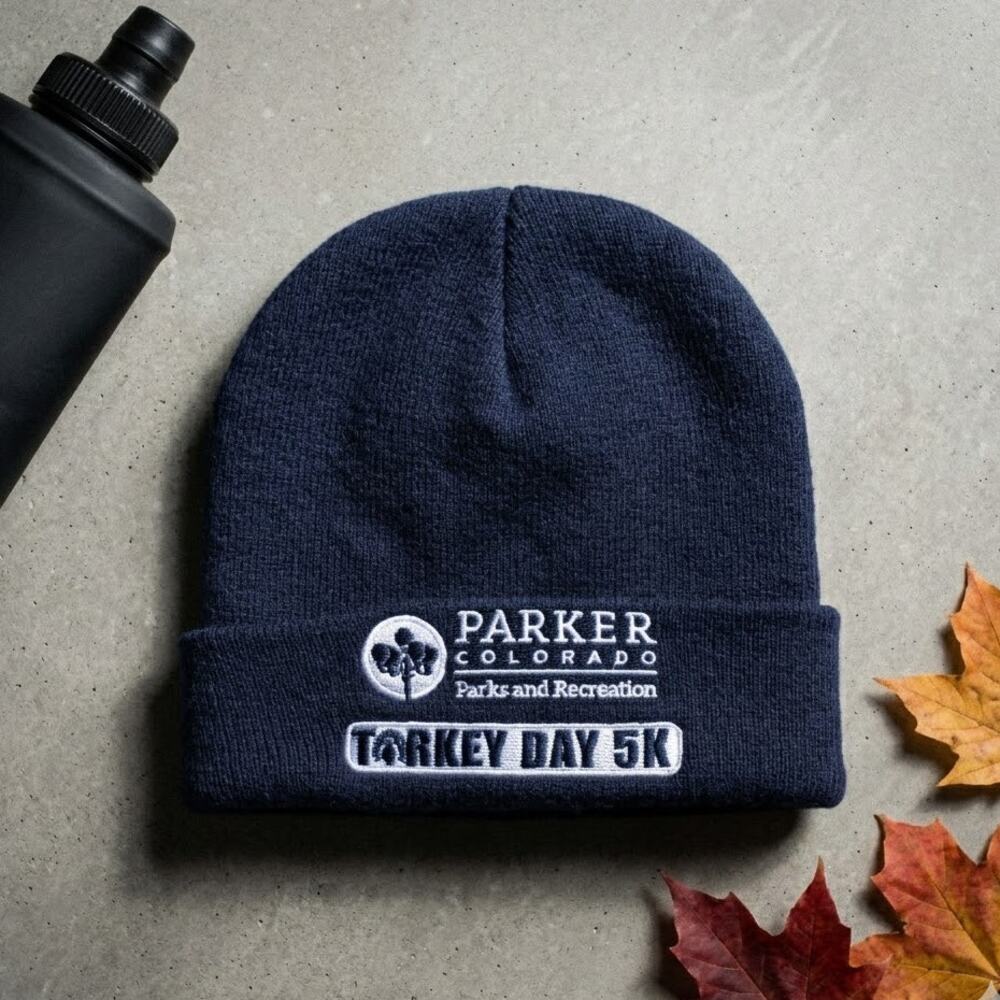 Parker Colorado Turkey Day 5K Knit Beanie Navy Embroidered Cuffed Hat